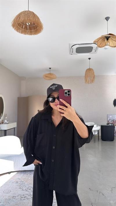 Kadın Flamlı Keten Tek Cep Oversızed Gömlek