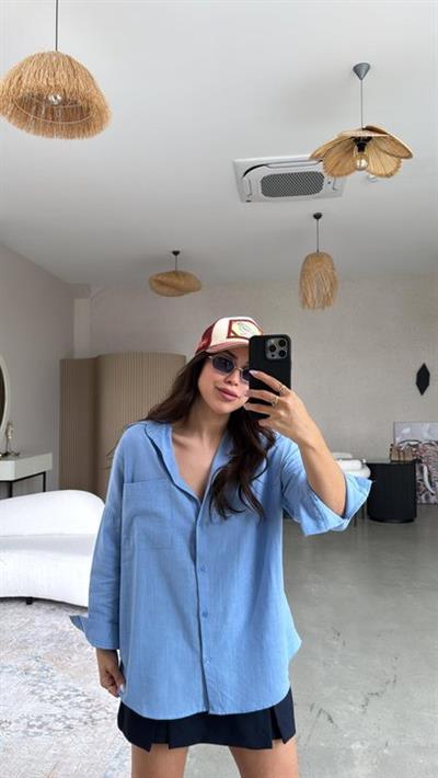 Kadın Flamlı Keten Tek Cep Oversızed Gömlek