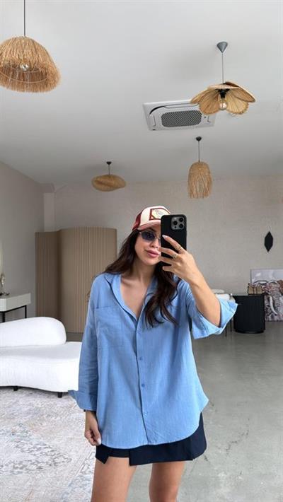 Kadın Flamlı Keten Tek Cep Oversızed Gömlek