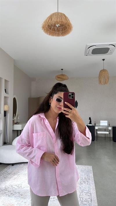 Kadın Flamlı Keten Tek Cep Oversızed Gömlek