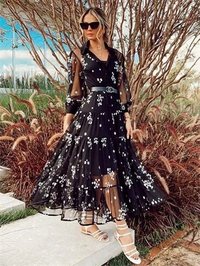 Kadın Flok Kumaş çiçek Desenli Elbise