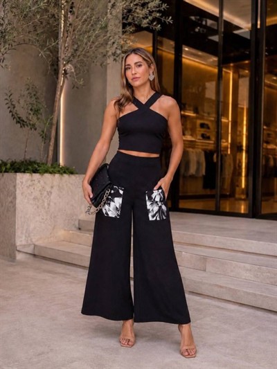 Kadın Full Likralı Scuba Crep Kumaş Cep Dijital Baskı Detaylı Crop Pantolon Ikili Takım