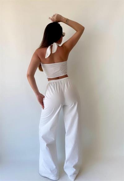 Kadın Gabardin Kumaş Boyundan Bağlamalı Yelek Bluz Salaş Pantolon İkili Takım