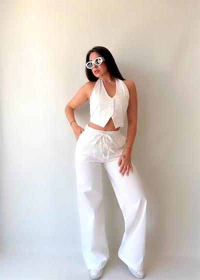 Kadın Gabardin Kumaş Boyundan Bağlamalı Yelek Bluz Salaş Pantolon İkili Takım