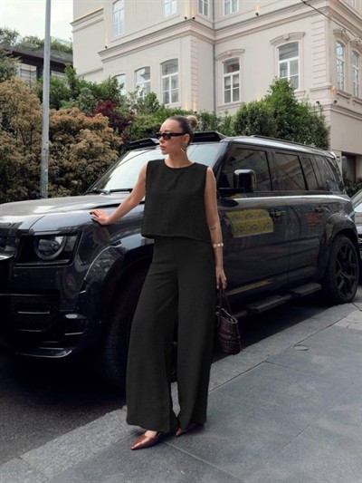 Kadın Geniş Paça Pantolon Ve Bluzlu Aerobin Kumaş Ikili Takım