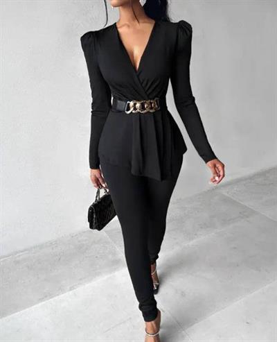 Kadın Göğüs Dekolteli Kemer Detaylı Asimetrik Kesim Tunik Ve Pantolon Fırsat ürün Ikili Takım