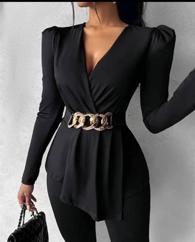 Kadın Göğüs Dekolteli Kemer Detaylı Asimetrik Kesim Tunik Ve Pantolon Fırsat ürün Ikili Takım