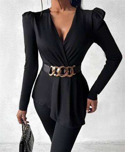 Kadın Göğüs Dekolteli Kemer Detaylı Asimetrik Kesim Tunik Ve Pantolon Fırsat ürün Ikili Takım