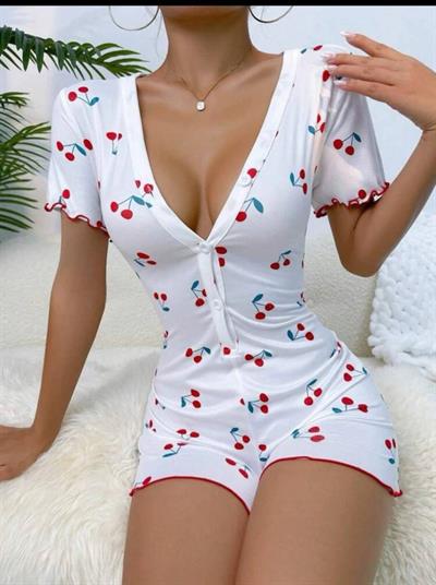 Kadın Göğüs Dekolteli Pinterest Kiraz Desen Full Likralı şort Tulum