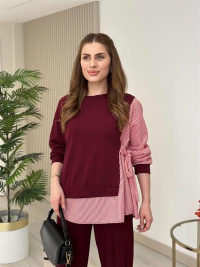 Kadın Gömlek Detay çizgili Yandan Bağlamalı Ikili Takım