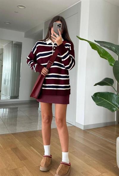 Kadın Gömlek Yaka şerit Detay Triko Kazak