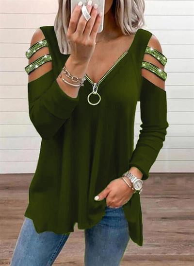 Kadın Haki Kolları Taş Işlemeli Uzun Kol Fermuarlı Viskon Bluz