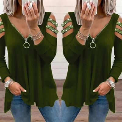 Kadın Haki Kolları Taş Işlemeli Uzun Kol Fermuarlı Viskon Bluz