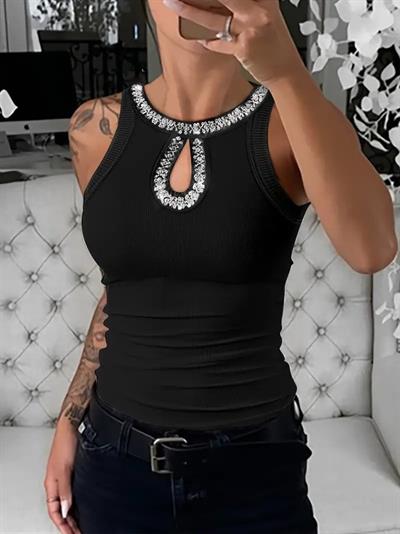 Kadın Halter Kollu Yuvarlak Taşlı Yaka Damla Detaylı Kaşkorse Bluz