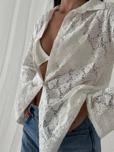 Kadın Iapanyol Kol Gömlek Detay Full Transparan Tül Gömlek