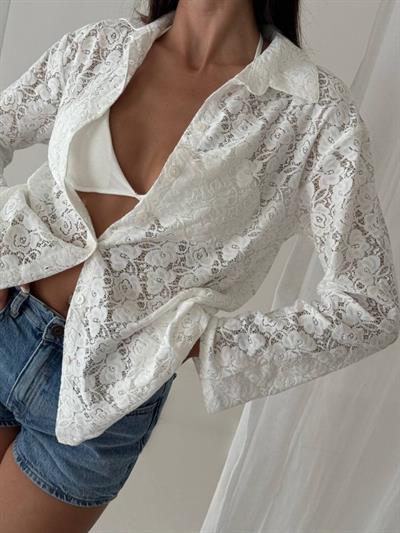 Kadın Iapanyol Kol Gömlek Detay Full Transparan Tül Gömlek