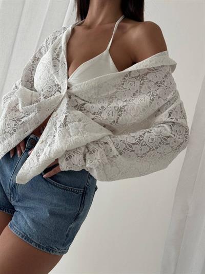 Kadın Iapanyol Kol Gömlek Detay Full Transparan Tül Gömlek