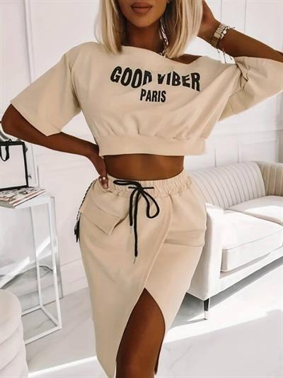 Kadın Iki Iplik Kumaş Alt Etek üst Baskı Detaylı Crop Ikili Takım