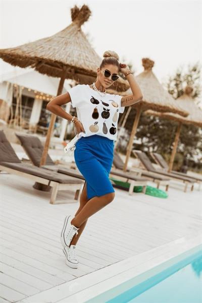 Kadın Iki Iplik Kumaş Beli Lastikli Arkası Yırtmaçlı Mıdı Boy Etek