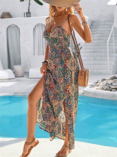 Kadın Ip Askılı Arkadan çapraz Kesim Detaylı Uzun Desenli Süprem Elbise