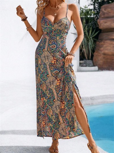 Kadın Ip Askılı Arkadan çapraz Kesim Detaylı Uzun Desenli Süprem Elbise