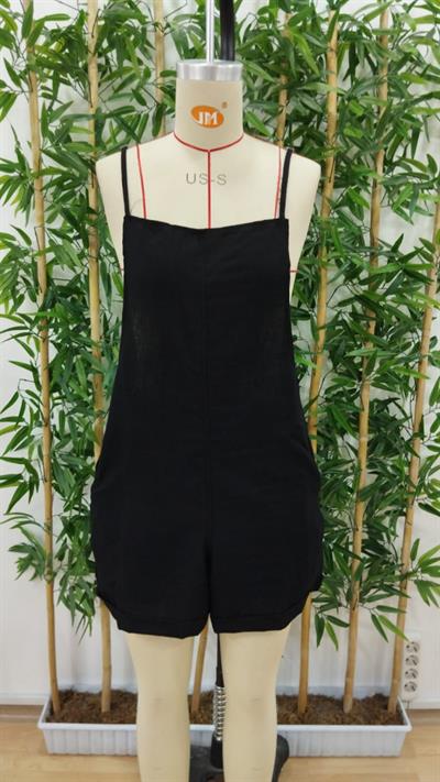 Kadın Ip Askılı Geometrik Yaka Yandan Fermuarlı Kısa Keten Tulum