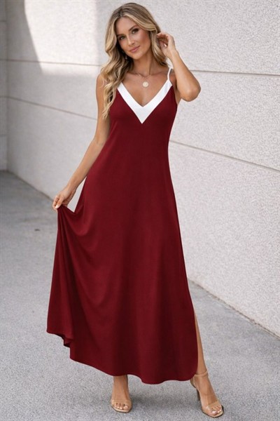 Kadın Ip Askılı Keskin V Yakalı Uzun Viskon Elbise