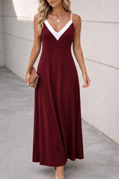 Kadın Ip Askılı Keskin V Yakalı Uzun Viskon Elbise