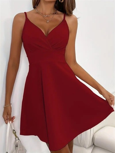 Kadın Ip Askılı Kruvaze Yakalı Kısa ıthal Krep Elbise