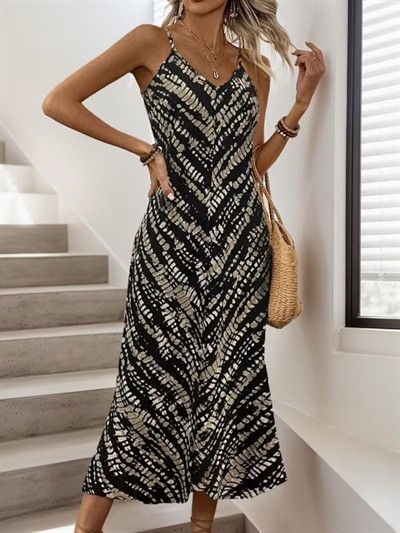 Kadın Ip Askılı V Yakalı Desenli Uzun Süprem Elbise