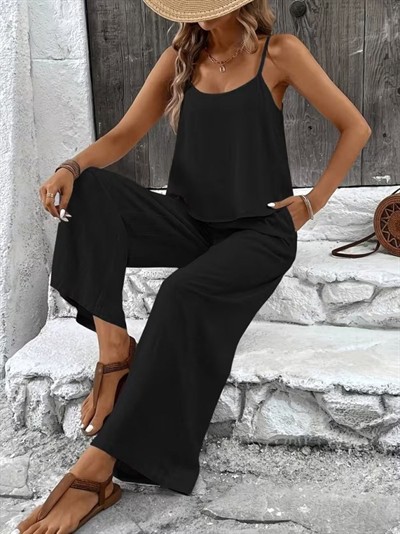 Kadın Ip Askılı Yuvarlak Yakalı Aerobin Kısa Bluz Ve Pantolon Ikili Takım