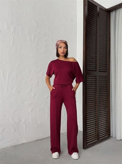 Kadın İsa Kollu Kayık Yaka Bluz Ve Pantolon Misal Kumaş Ikili Takım