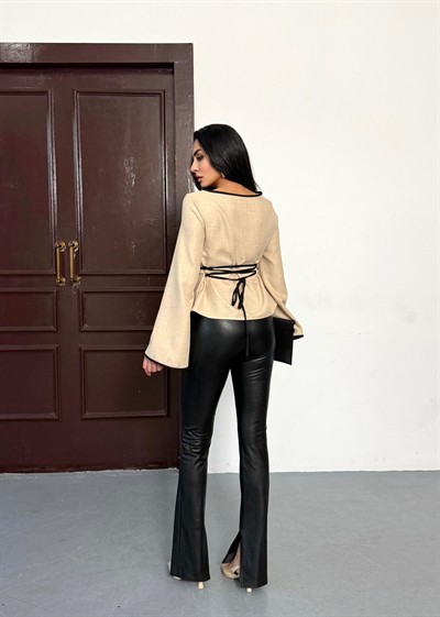 Kadın İspanyol Kol Arkası Bağcık Ip Detay Keten Bluz