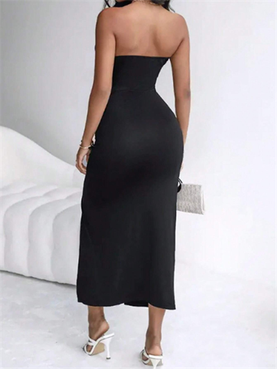 Kadın Ithal Full Likralı Sandy Kumaş Kuşgözü Ve Metal Zincir Detaylı Asansör Büzgülü Yırtmaç Dekolteli Maxi Boy Elbise