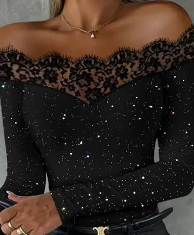 Kadın Kadife Simli Kumaş Dantel Detaylı Bluz