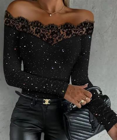 Kadın Kadife Simli Kumaş Dantel Detaylı Bluz