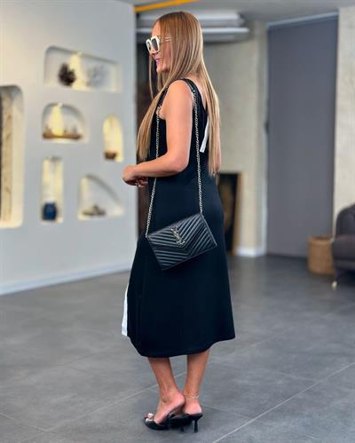 Kadın Kalın Askılı çapraz Ribana Detaylı Midi Boy Elbise