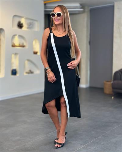 Kadın Kalın Askılı çapraz Ribana Detaylı Midi Boy Elbise