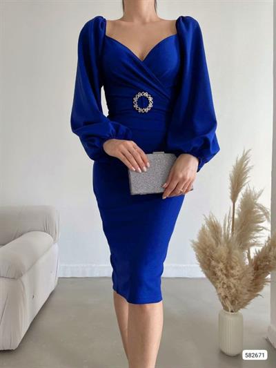 Kadın Kalp Yaka Sırt Dekolteli Kemer Toka Detay Midi Boy Elbise