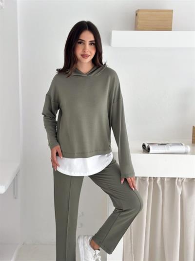 Kadın Kapşunlu Ve Atlet Detaylı Tunik Yüksek Bel Pantolunlu ıkılı Takım