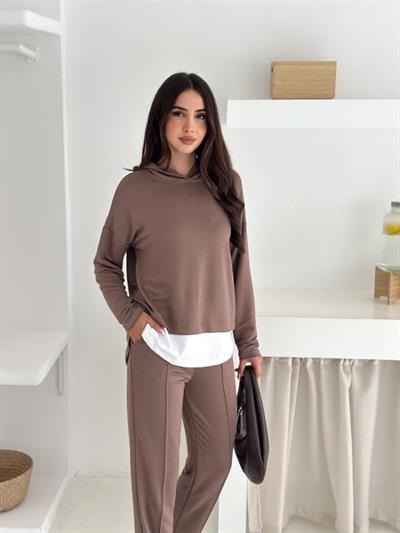 Kadın Kapşunlu Ve Atlet Detaylı Tunik Yüksek Bel Pantolunlu ıkılı Takım