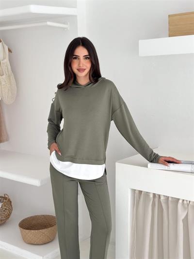 Kadın Kapşunlu Ve Atlet Detaylı Tunik Yüksek Bel Pantolunlu ıkılı Takım