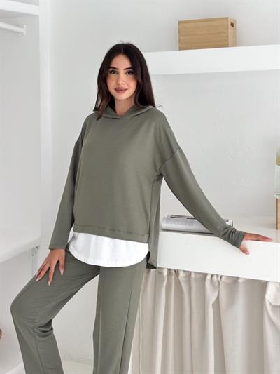 Kadın Kapşunlu Ve Atlet Detaylı Tunik Yüksek Bel Pantolunlu ıkılı Takım