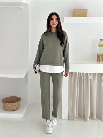 Kadın Kapşunlu Ve Atlet Detaylı Tunik Yüksek Bel Pantolunlu ıkılı Takım