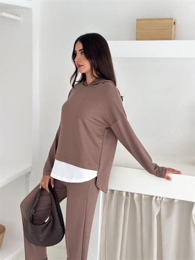 Kadın Kapşunlu Ve Atlet Detaylı Tunik Yüksek Bel Pantolunlu ıkılı Takım