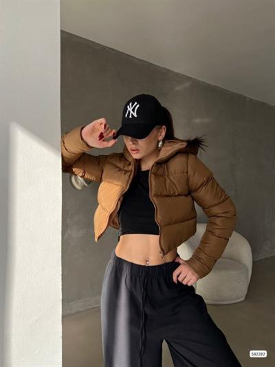 Kadın Kapüşon Detay Kısa şişme Mont