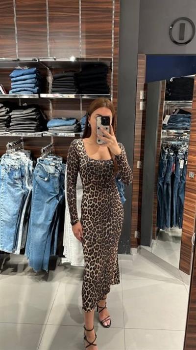 Kadın Kare Yaka Full Likralı Leopar Desen Maxi Boy Elbise