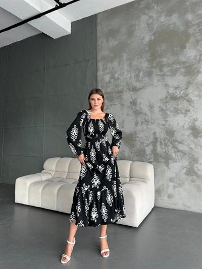 Kadın Kare Yaka Gipe Ve Baskı Detay Kemer Dahil Volanlı Maxi Boy Elbise