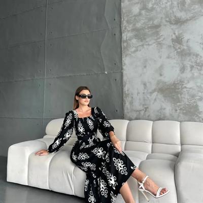 Kadın Kare Yaka Gipe Ve Baskı Detay Kemer Dahil Volanlı Maxi Boy Elbise