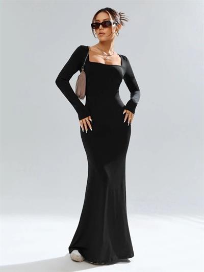 Kadın Kare Yaka Kaşkorse Kumaş Maxi Boy Elbise